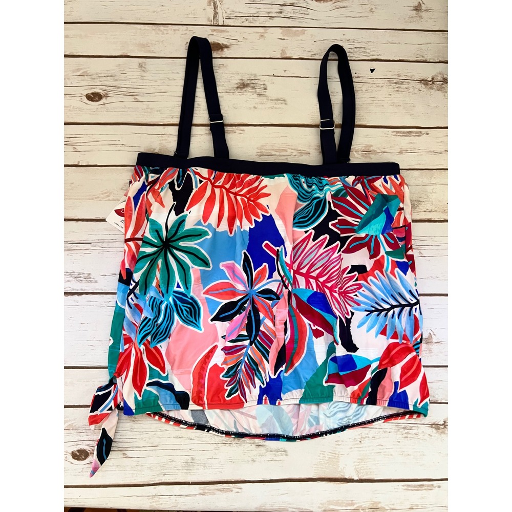 Maxine of Hollywood NWT Tankini Top Multicolor Tropical Leaf Side Tie Size 16
